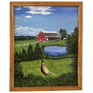 Vtg Original Painting FarmHouse Decor Barn Scene Pheasant Eclectic Gallery Wall